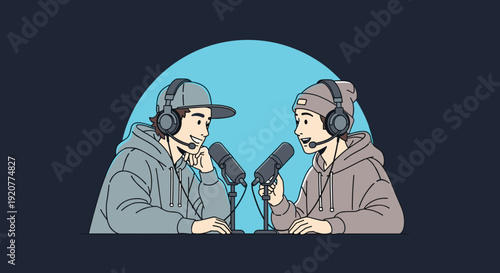 Two Men Wearing Headphones Recording Podcast.