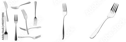 Set and collection of professional stainless steel forks and silver cutlery in various angles and perspective views for restaurant table setting isolated on white transparent PNG background