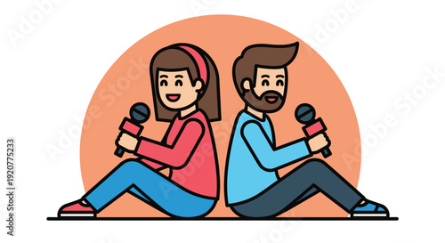 Man and Woman Singing with Microphones.