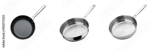 Set and collection of professional stainless steel frying pans with non-stick coating and metallic handles in various angles isolated on white transparent PNG background