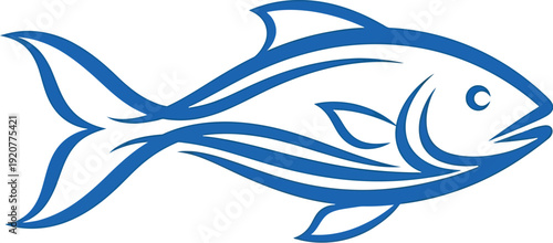 Stylized blue tribal fish logo design featuring flowing lines symbolizing aquatic life movement and ocean themes against a light background perfect for branding.