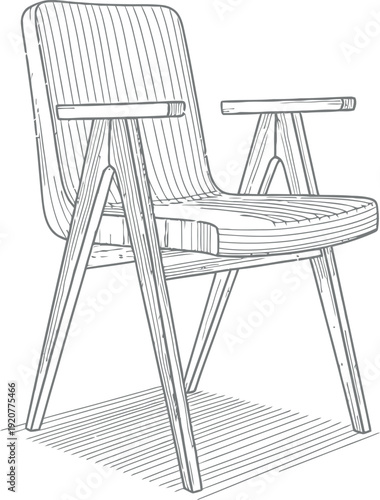 Detailed black and white line art drawing depicting a modern Scandinavian style dining chair featuring curved wooden frame and comfortable upholstered seat for interior design concepts