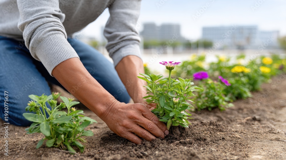Fototapeta premium Individual planting colorful flowers in a garden bed during early spring, surrounded by blooming plants and a blurred urban landscape in the background