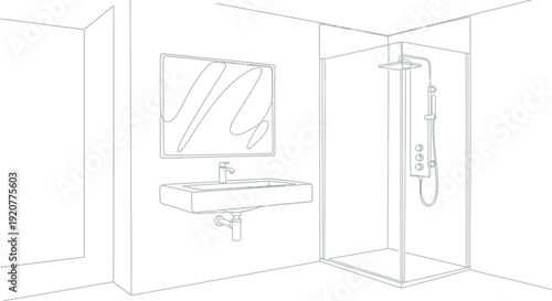 Simple line drawing illustrating a modern bathroom interior featuring a wall mounted sink vanity area and a separate corner shower enclosure with modern fixtures.