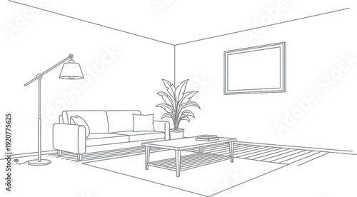 Simple black and white line art drawing depicting an empty living room corner furnished with a comfortable sofa a tall floor lamp and a decorative potted plant.
