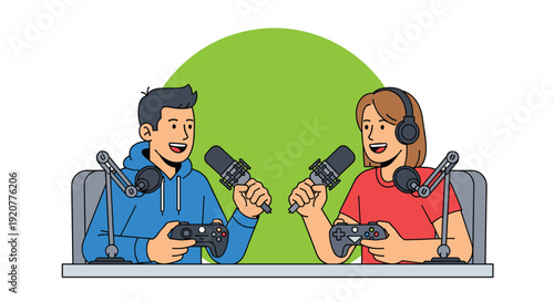 Man and woman gamers with headsets.