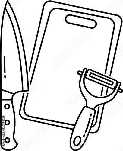 Simple black and white outline illustration depicting essential kitchen tools including a sharp chef knife a rectangular cutting board and a handheld vegetable peeler ready for food preparation tasks.