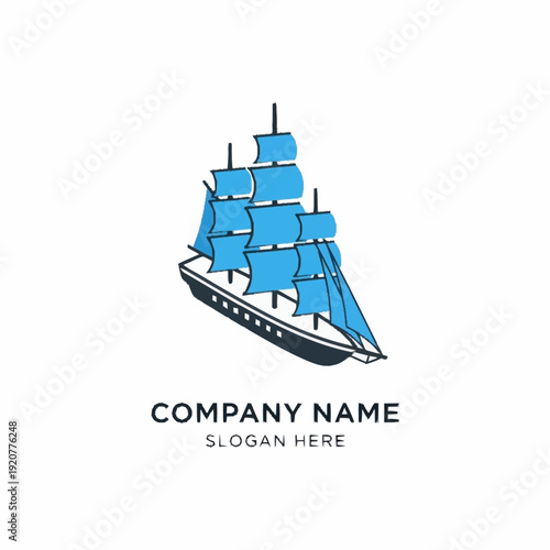 Stylized sailing ship with blue sails and placeholder company name.