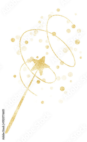 Golden glitter magic wand with sparkling star and swirling motion trails isolated on transparent background