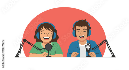 Male and Female Podcasters Recording Show.