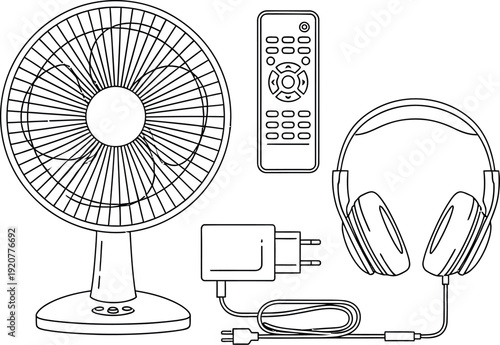 Collection of essential electronic household appliances featuring a desk fan, universal remote control, over-ear headphones, and a wall adapter with power cord illustration outline.