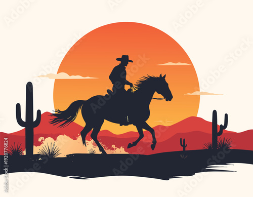 Cowboy riding horse at sunset in desert silhouette vector illustration