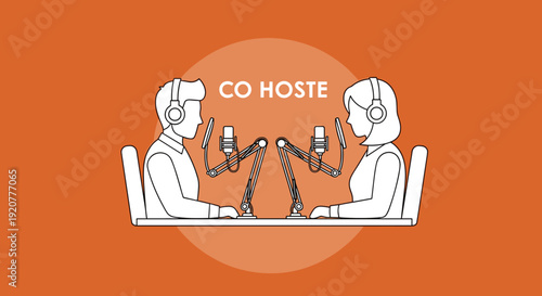 Two People Wearing Headphones Recording Podcast.