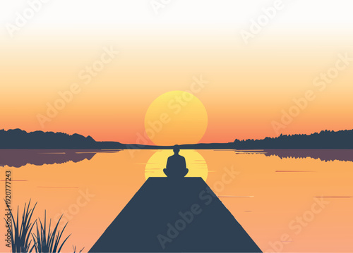 Sunset silhouette of a man on a boat over a calm lake and river reflecting orange sky