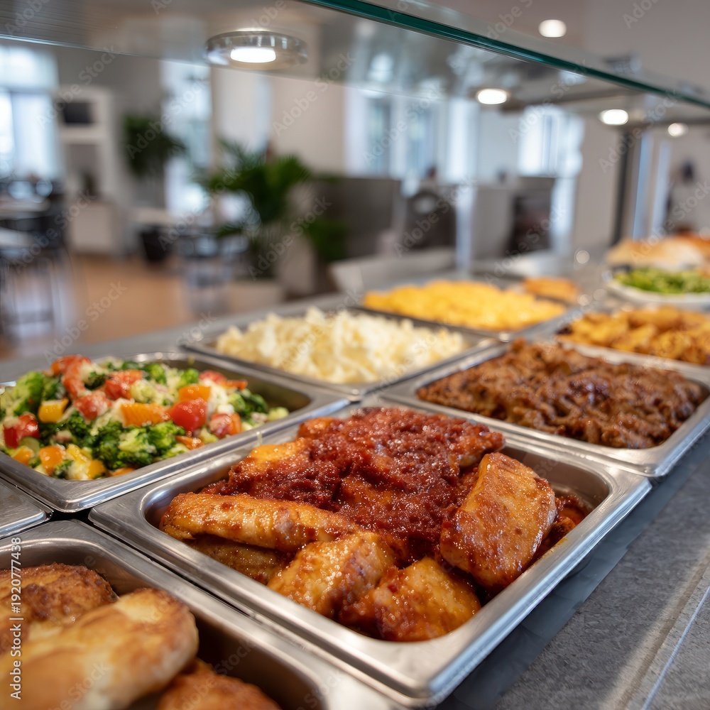 Obraz premium Buffet selection of diverse dishes in modern cafeteria setting