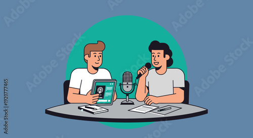 Two Men Sitting at Table with Microphone.