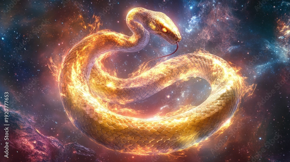 Fototapeta premium Fiery cosmic serpent in a vibrant galactic space scene