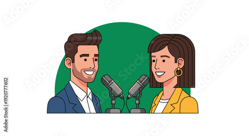 Male and Female Hosts Podcasting Together.