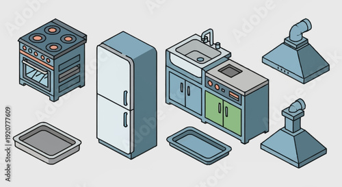 Commercial Kitchen Equipment and Appliances Illustration.