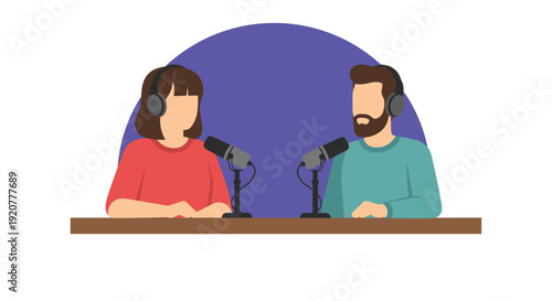Male and Female Podcast Hosts Recording.