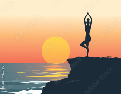 Sunset silhouettes of a man and woman practicing yoga on the beach by the ocean