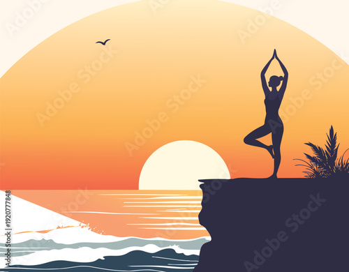 Yoga silhouettes on the beach at sunset with tropical scenery