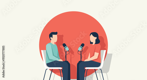 Male and Female Podcasters Recording Episode.