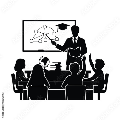 A professor lecturing students with a diagram and raised hands