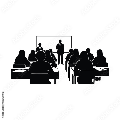 A silhouette of a classroom setting with a teacher and students
