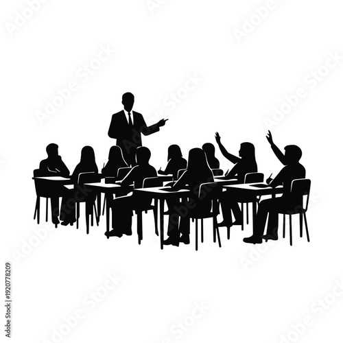 A silhouette of a teacher lecturing to students in a classroom setting