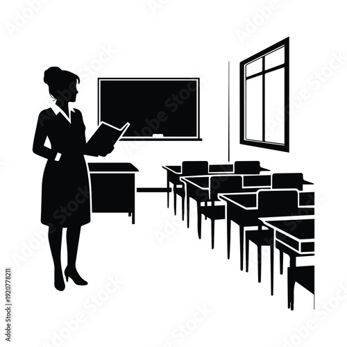 A silhouetted teacher stands before a classroom with desks and a blackboard