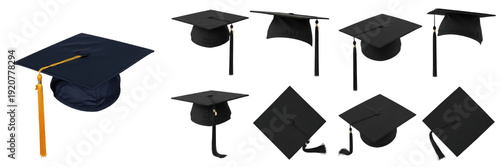 Set and collection of black graduation caps with gold and black tassels in various perspective angles for university degree and education success isolated on white transparent PNG background