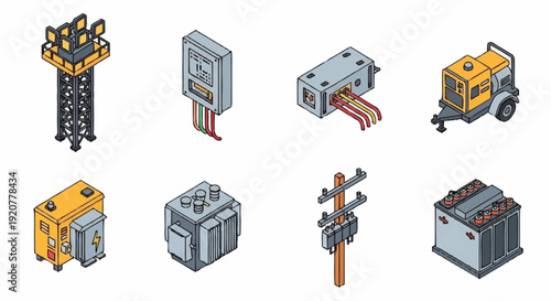 Electrical Equipment and Transformers Isometric Illustration.