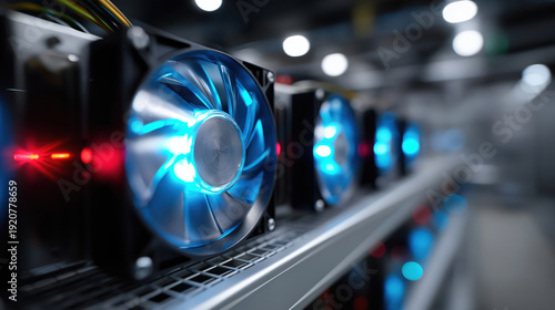 Mining rig with cooling fans working in a data center showing light