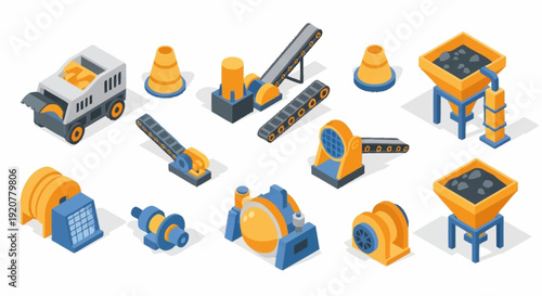 Industrial Machinery and Equipment 3D Icons Set.