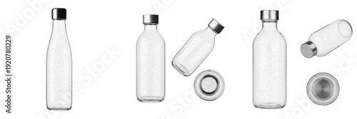 Set and collection of reusable clear glass water bottles with silver metal caps in various angles and positions for branding mockup isolated on white transparent PNG background