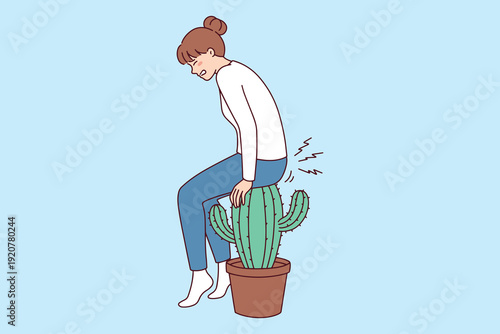 Young woman sitting on cactus as metaphor for hemorrhoid pain. Illustration of medical discomfort, proctology problems, and rectal health issues requiring treatment and doctor consultation.