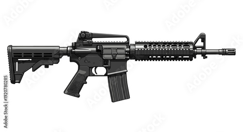 A detailed depiction of a black assault rifle, isolated on white background.