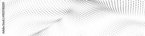 Abstract monochrome halftone wave background with flowing black dotted gradient, modern minimal vector texture design for wallpaper and digital art