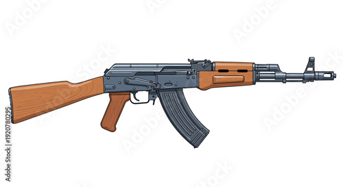 Illustration of an AK-47 assault rifle with a wooden stock and grip, against a white background.