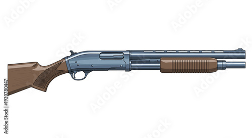 Detailed illustration of a pump-action shotgun, showing its components and design.