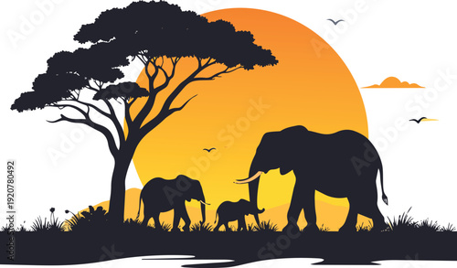 African Sunset Silhouette: The sun casts a warm, orange glow as majestic elephants traverse the African savanna, their silhouettes creating a dramatic tableau against a vibrant sky.