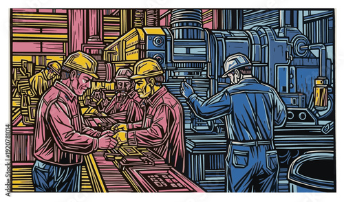 Industrial workers operating machinery in colorful factory setting