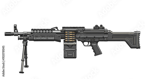 A detailed illustration of a black light machine gun with a bipod and ammunition belt.