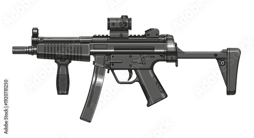 A black submachine gun with a sight and foregrip is displayed on a white background.