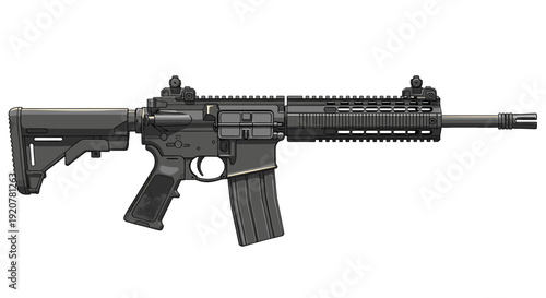 A detailed, isolated image of a black assault rifle, ready for use.