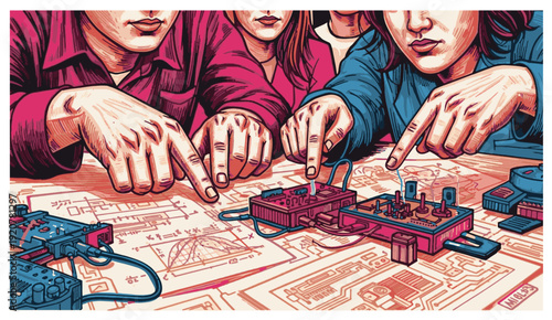 Team collaborating on electronic circuit design with blueprints