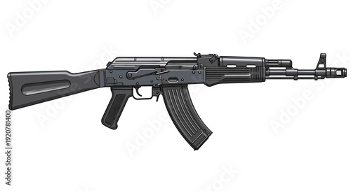 An AK-47 assault rifle is displayed against a white background, showcasing its design.