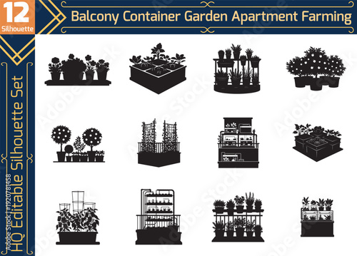 Balcony container garden silhouette set. Urban apartment farming and potted plant icons. Sustainable home agriculture, vegetable growing vector.