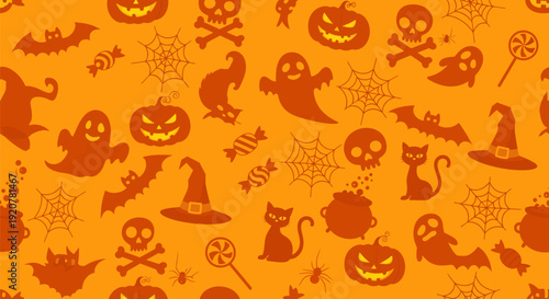 Halloween-themed pattern featuring ghosts, pumpkins, and witches on orange background viewed from directly above, Whisk_55ccf9f720c531ea8b9420b7e671853bdr.eps inspired design